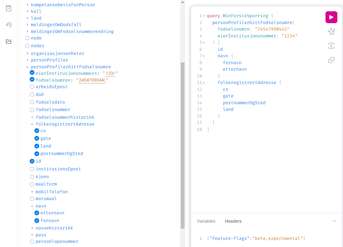 Skjermbilde fra GraphiQL som at man kan markere de feltene man ønsker i GraphiQl Explorer