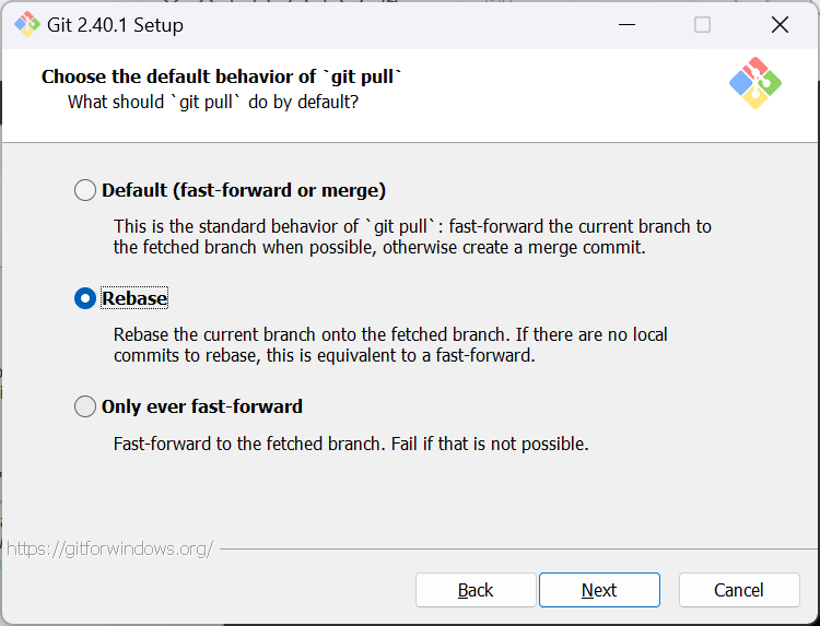 Choose the default behavior of git pull